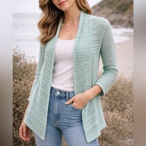 Angel of the North mint green open knit linen cardigan sweater size S
